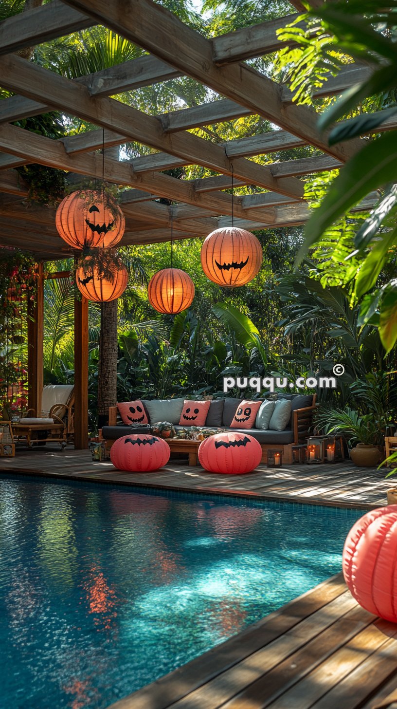 Outdoor seating area decorated with Halloween-themed pumpkin lanterns and cushions, next to a swimming pool and surrounded by lush greenery.