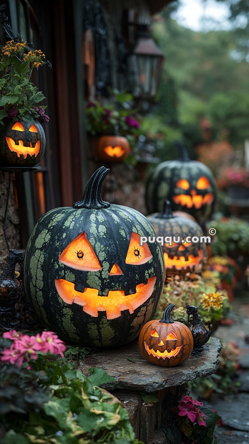 Jack-o'-lanterns with glowing faces arranged outside with flowers and greenery.