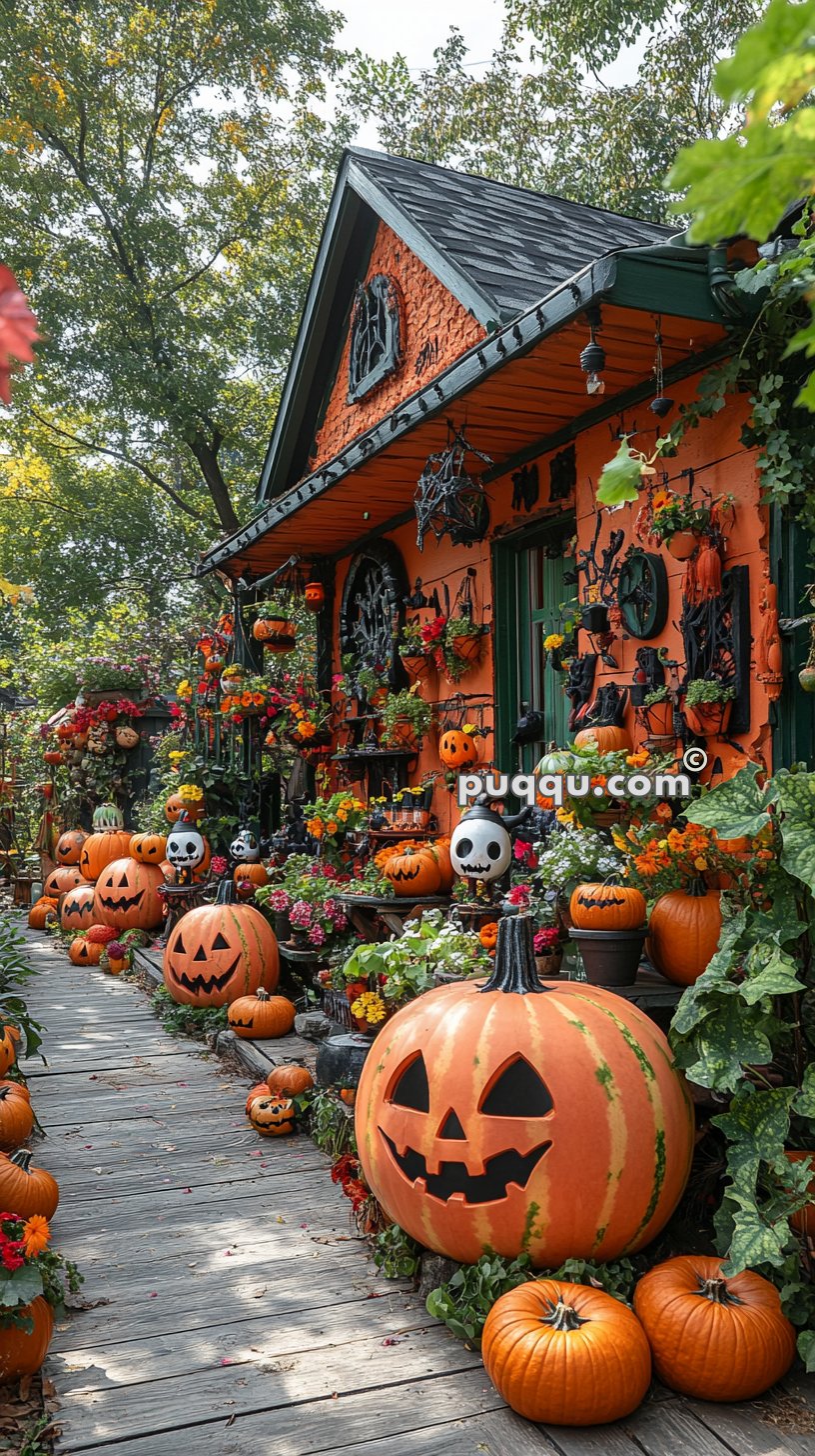 House decorated for Halloween with numerous carved pumpkins, spooky ornaments, and colorful flowers along a wooden walkway.