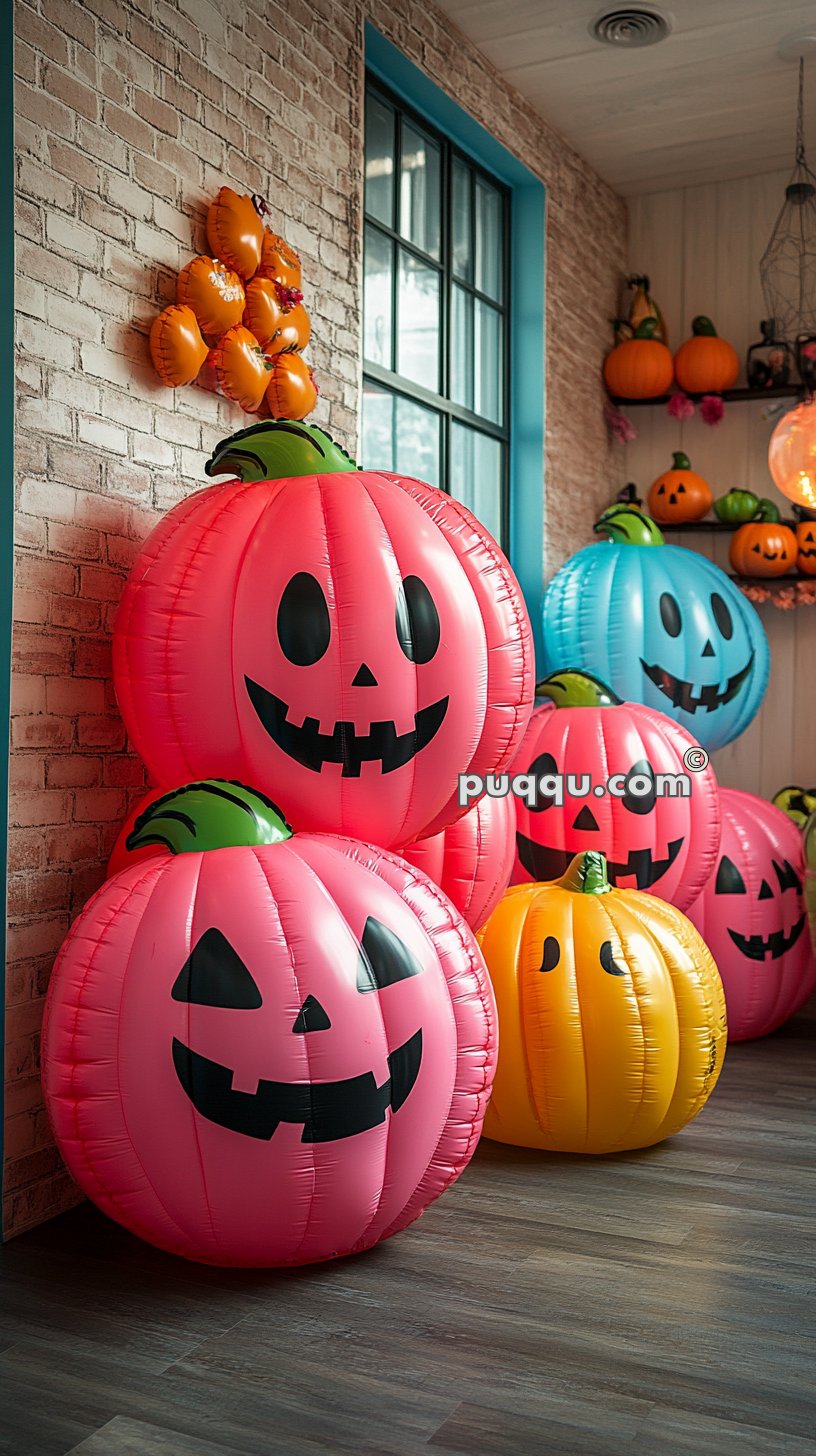 Inflatable Halloween pumpkins in various bright colors, including pink, blue, orange, and green, arranged in a room with a brick wall, large window, and wooden floor.
