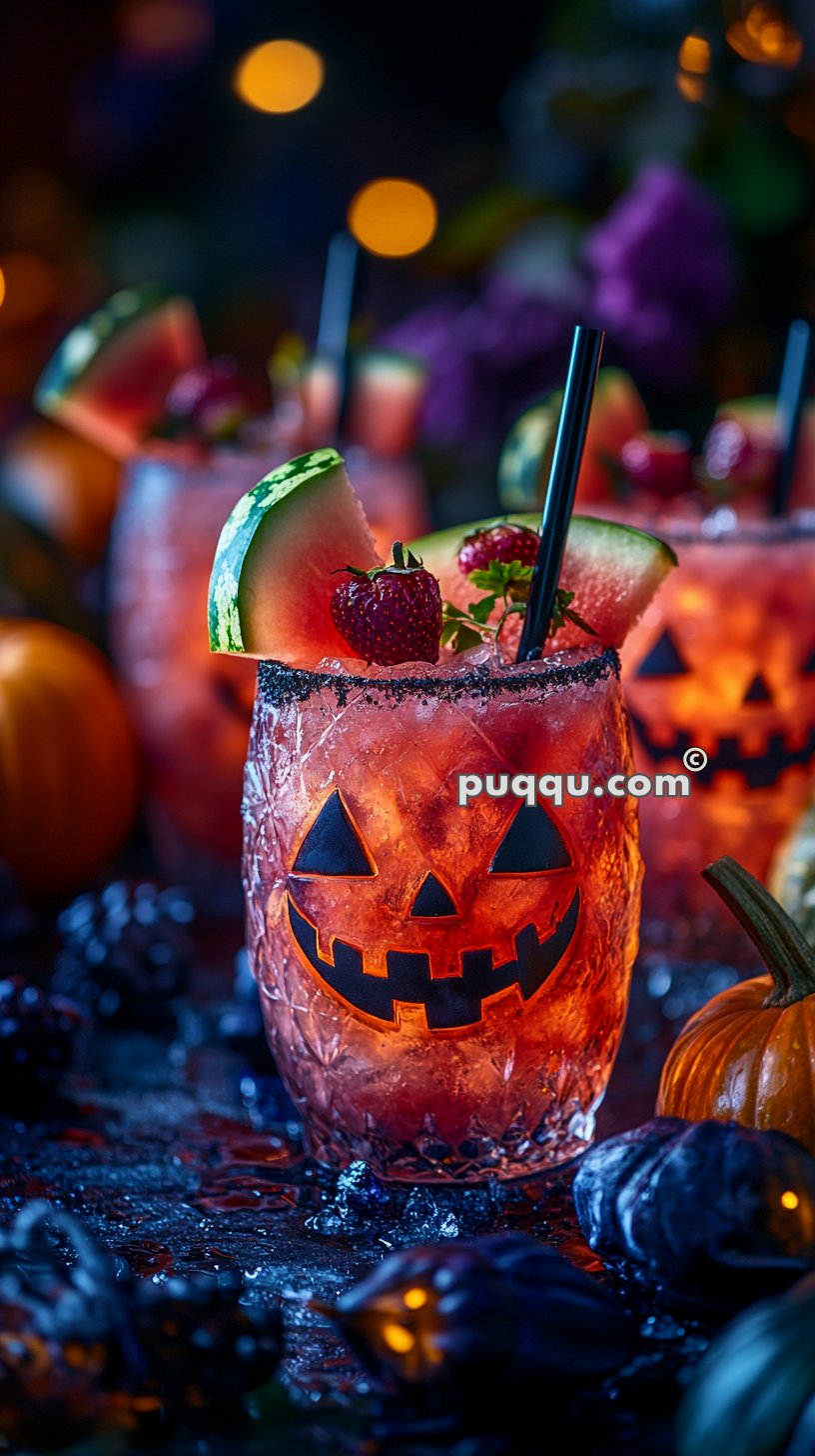 Halloween-themed cocktail glasses with jack-o'-lantern faces, garnished with watermelon slices and strawberries, on a festive and colorful background.