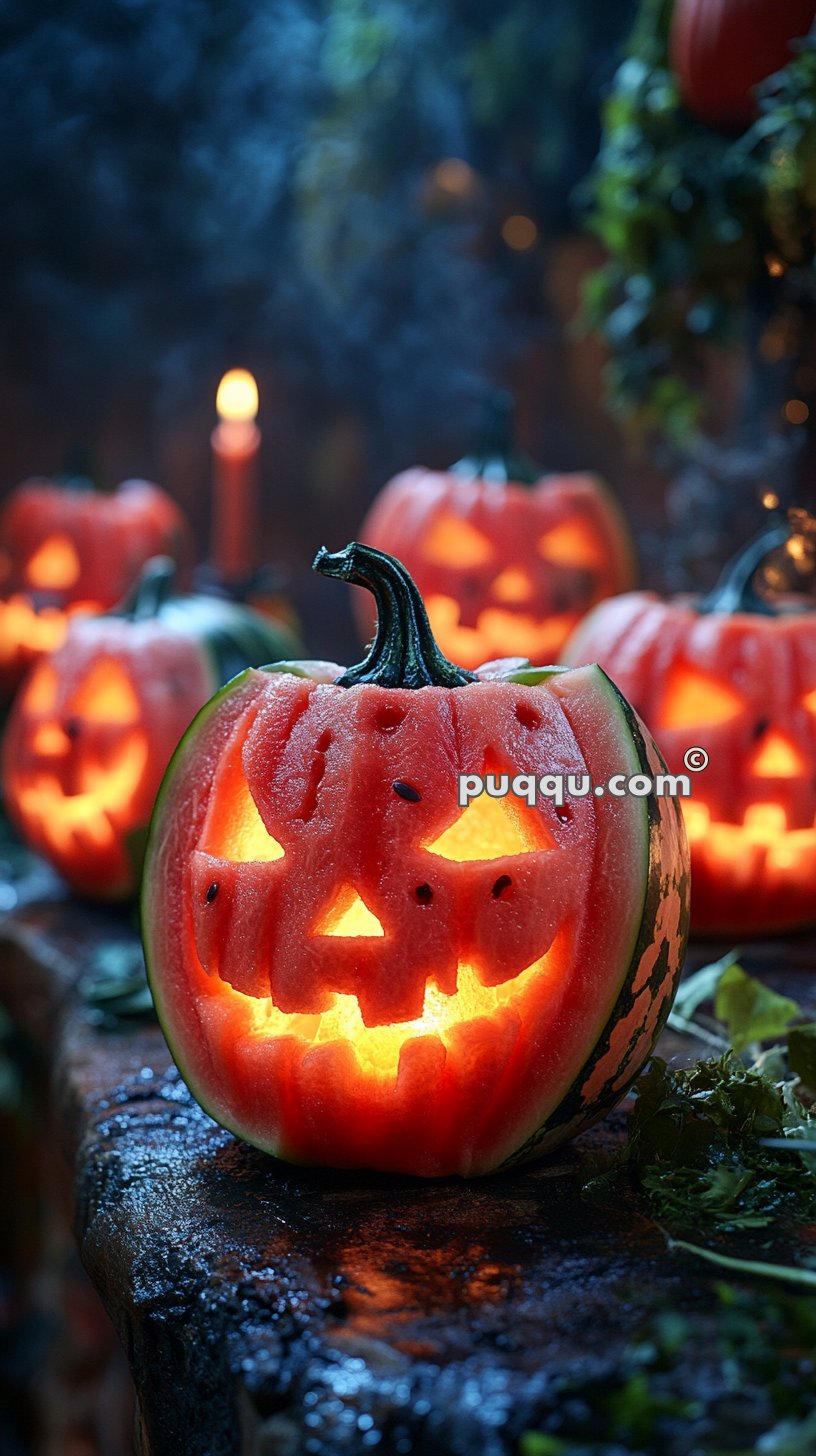 Carved watermelons with jack-o'-lantern faces lit from within, surrounded by other glowing watermelon lanterns and greenery in a dimly lit, atmospheric setting.