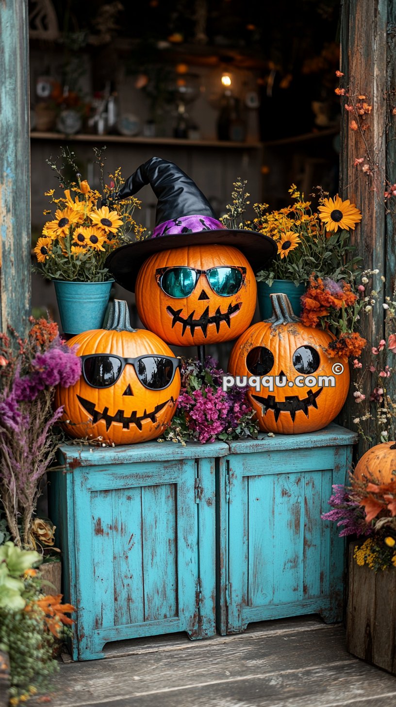 Three carved pumpkins with sunglasses and big smiles on a rustic blue cabinet, surrounded by vibrant flowers.