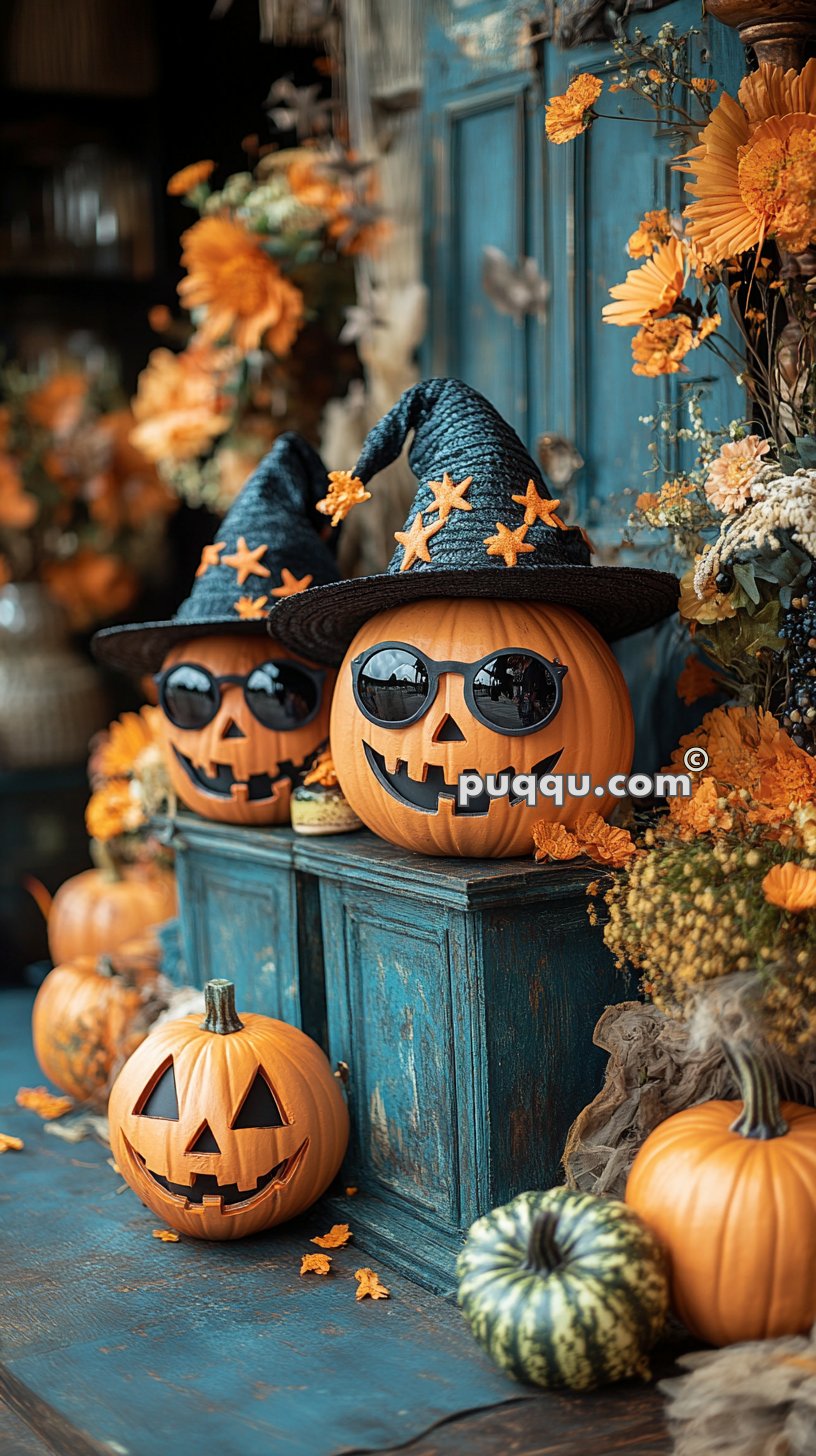 Three carved pumpkins with black hats and sunglasses, surrounded by orange flowers and displayed on a blue wooden table.
