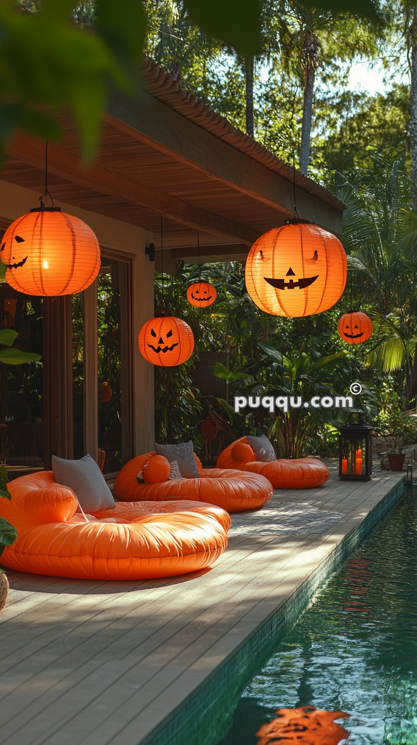 Halloween-themed outdoor seating area with orange pumpkin lanterns hanging above orange cushions by a pool.