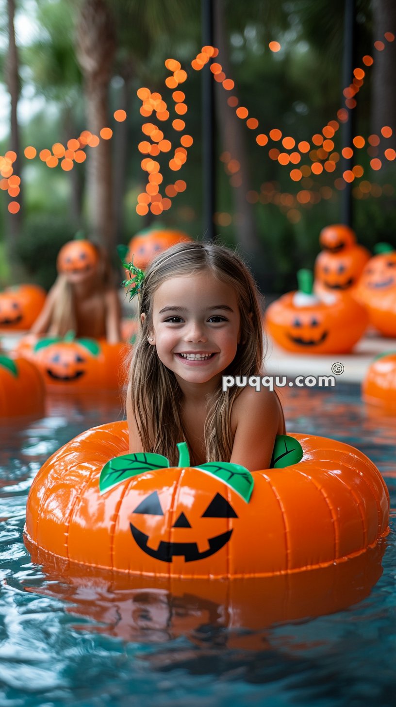 A young girl smiling and sitting in an inflatable pumpkin float in a swimming pool, with orange lights and other inflatable pumpkins in the background.