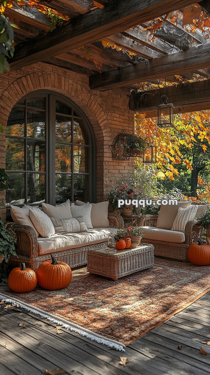Outdoor patio with wicker furniture, autumn-themed decor, pumpkins, and a brick archway backdrop surrounded by fall foliage.