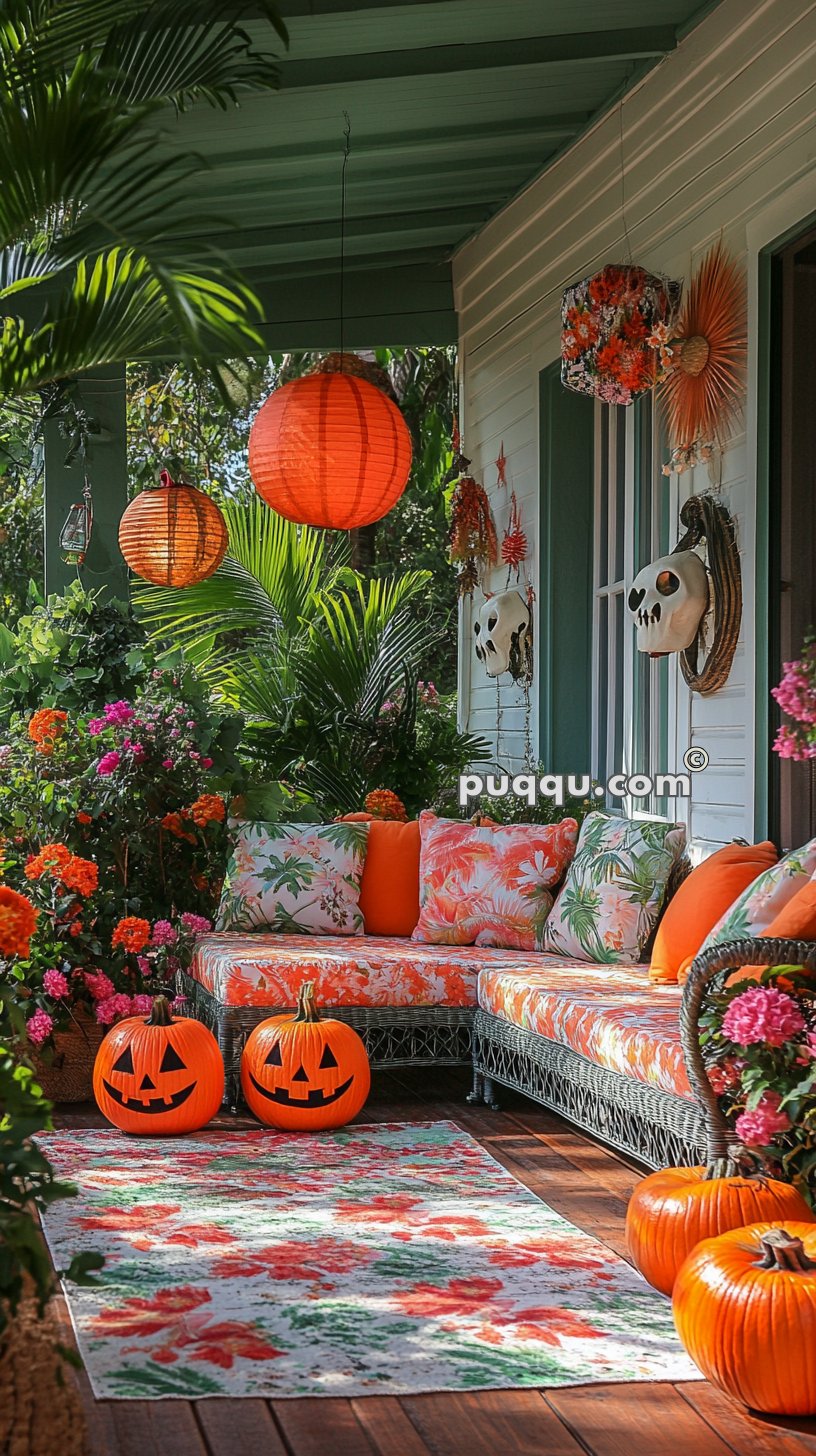 A porch decorated for Halloween with orange lanterns, jack-o'-lanterns, and skull masks. The porch has a floral-themed seating area and rug, surrounded by vibrant flowers and tropical plants.