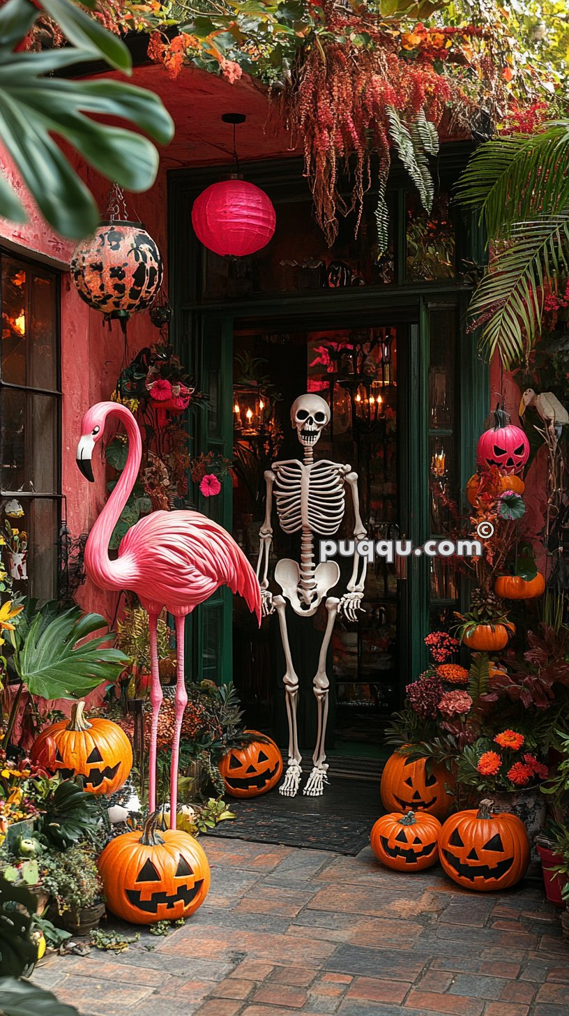 Halloween-themed outdoor decor featuring a large pink flamingo statue, multiple carved pumpkins, a skeleton figure, lanterns, and various plants.