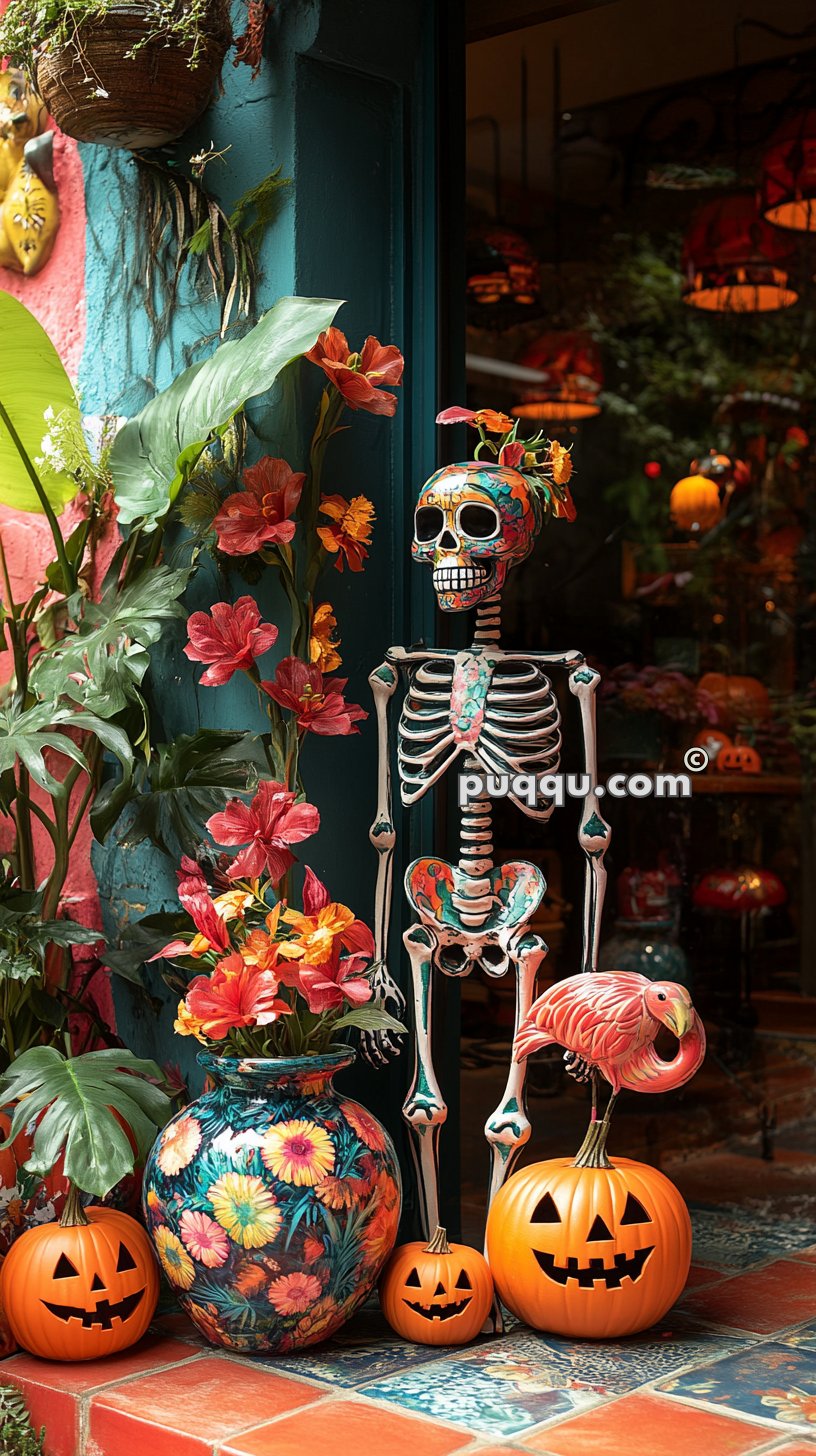 Colorful outdoor Halloween decoration near a doorway, featuring a decorated skeleton, jack-o'-lanterns, a large floral vase, and vibrant flowers.