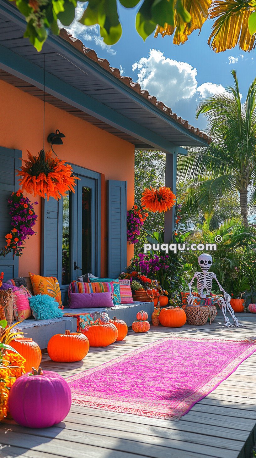 Colorful outdoor Halloween-themed patio with an orange wall, blue shutters, various pumpkins, vibrant cushions, hanging flowers, and a decorative skeleton sitting amongst the decorations.