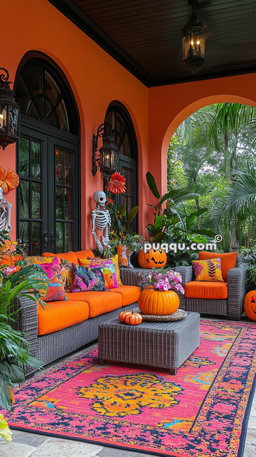 Colorful Halloween-themed patio with orange cushions, seasonal throw pillows, pumpkins, wicker furniture, skeleton decorations, and a vibrant pink and yellow rug.