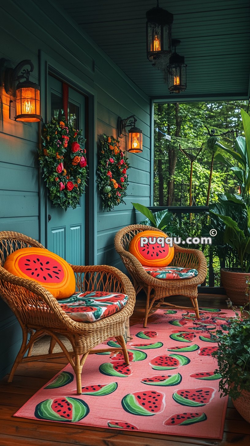 A cozy porch with wicker chairs featuring watermelon-themed cushions and pillows. The porch has colorful floral wreaths on the walls, soft glowing lantern lights, and a pink rug with watermelon slice patterns. The surrounding environment is lush with green plants and trees.