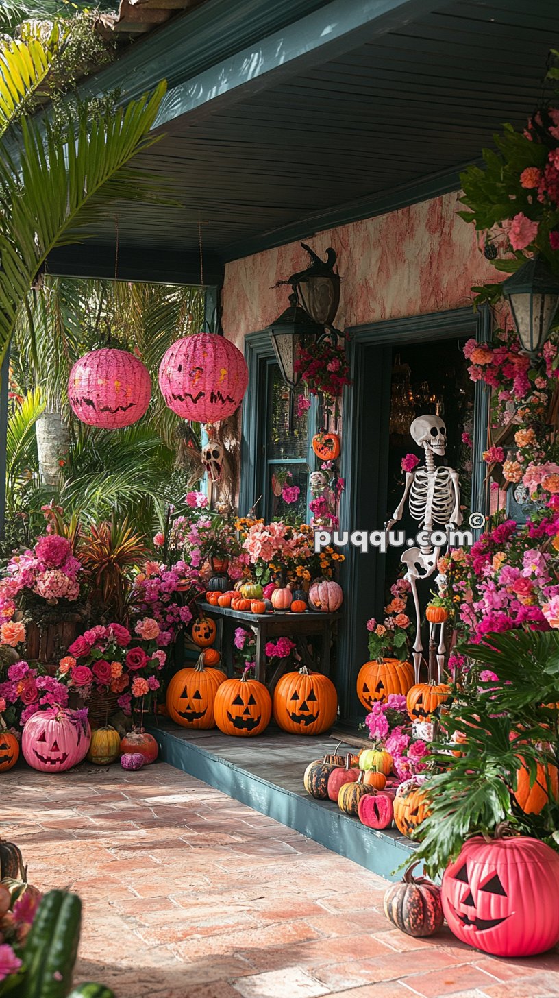 A porch decorated for Halloween with an abundance of carved pumpkins, colorful flowers, pink lanterns, and a skeleton figure by the door.