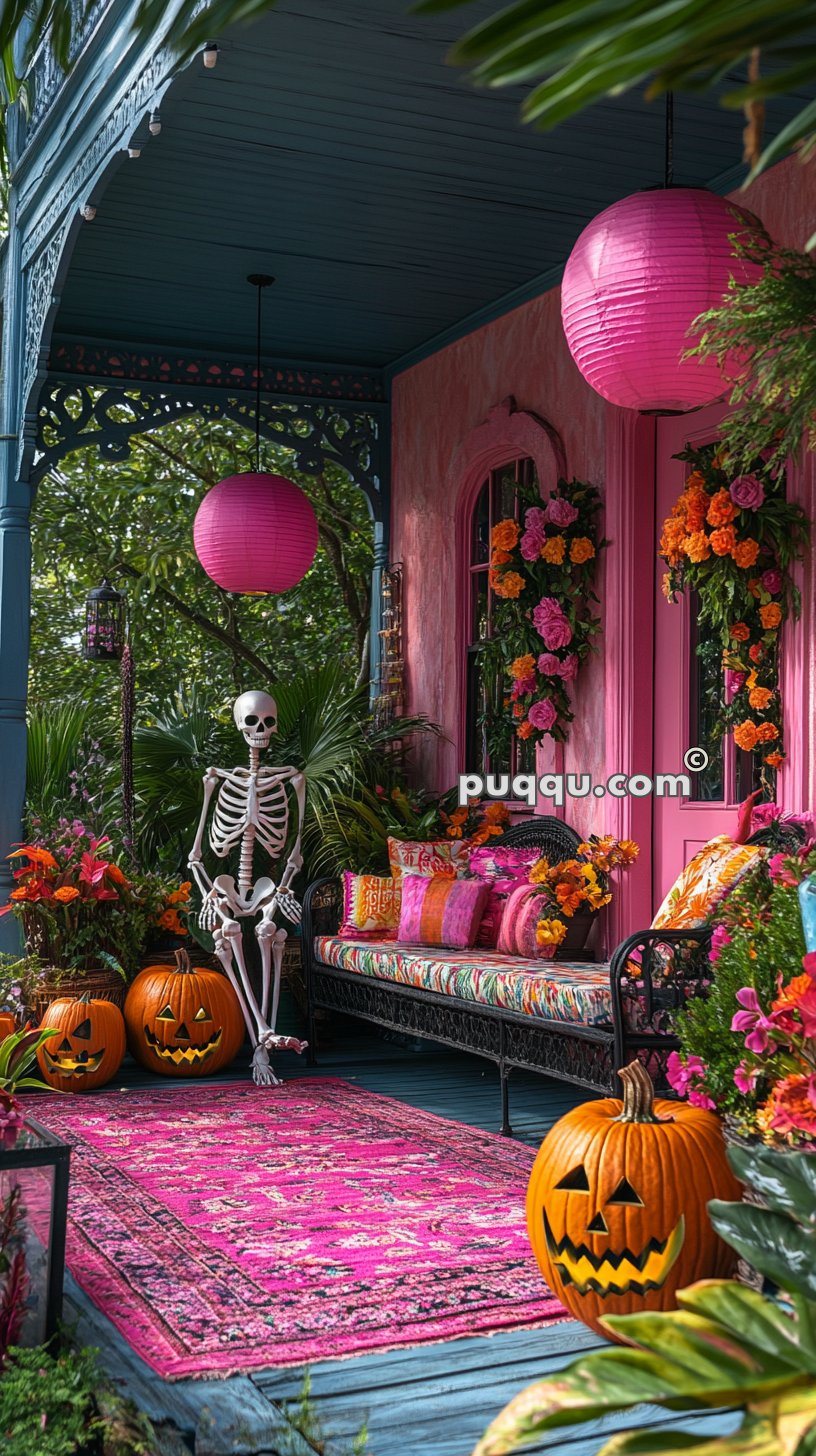 Front porch decorated for Halloween with a skeleton, carved pumpkins, vibrant flowers, colorful cushions, and pink paper lanterns.