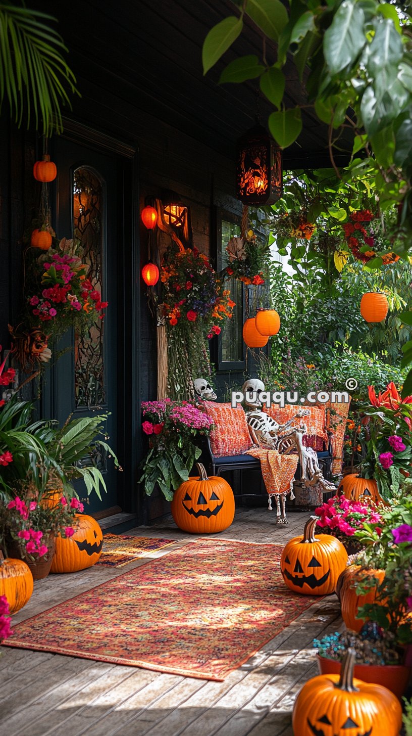 Front porch decorated for Halloween with carved pumpkins, skeletons on a bench, orange lanterns, and colorful flowers.