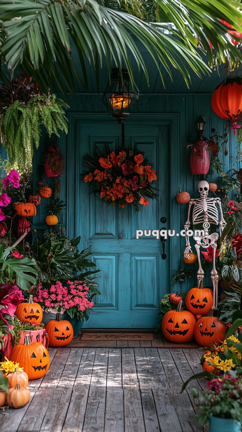A turquoise door decorated with a fall-themed wreath, surrounded by pumpkins and jack-o'-lanterns, a skeleton, and various vibrant potted plants and flowers.