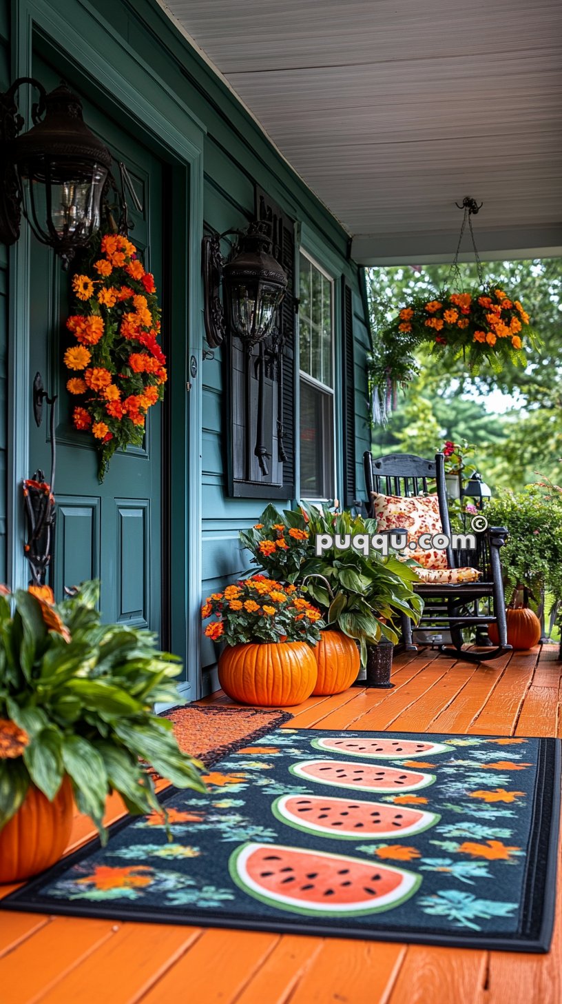 Colorful front porch decorated with orange flowers, pumpkins, a black rocking chair, and a watermelon-themed doormat.