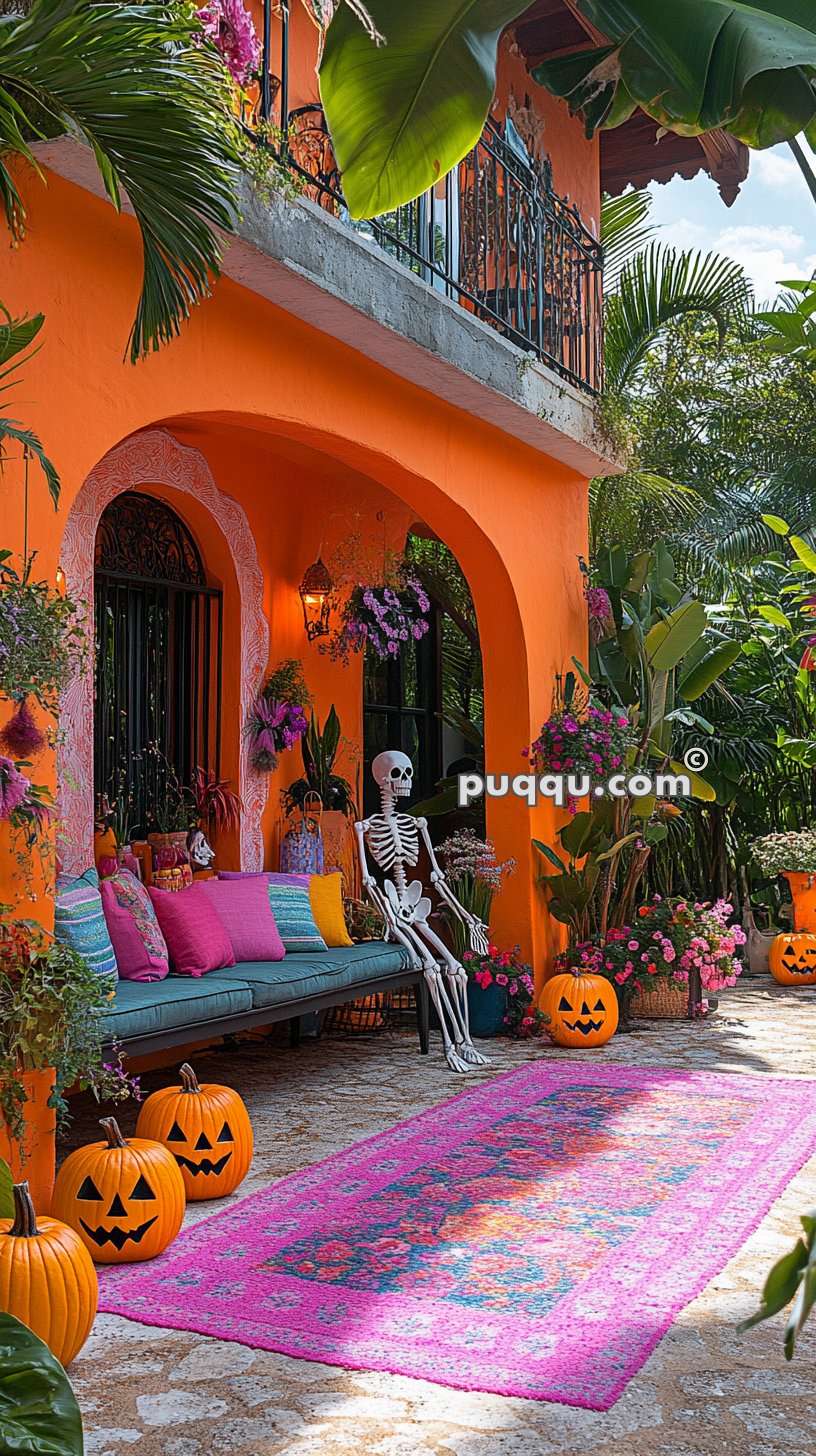 Colorful patio with orange walls decorated for Halloween, featuring a skeleton sitting on a turquoise bench with pink and purple cushions, surrounded by flowers and jack-o'-lanterns.