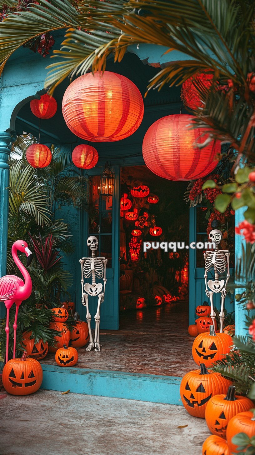 Halloween-decorated porch with red lanterns, skeleton figures, carved pumpkins, and a pink flamingo statue.