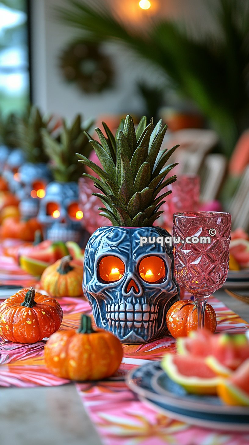 A table decorated with miniature pumpkins, candles inside skull-shaped holders with pineapple tops, and red glassware.