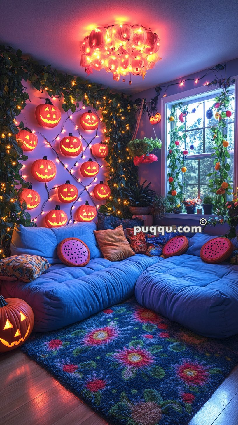 A cozy living room decorated for Halloween with illuminated pumpkin lanterns on the walls, blue cushioned seating, a colorful floral rug, and various plants near the window.