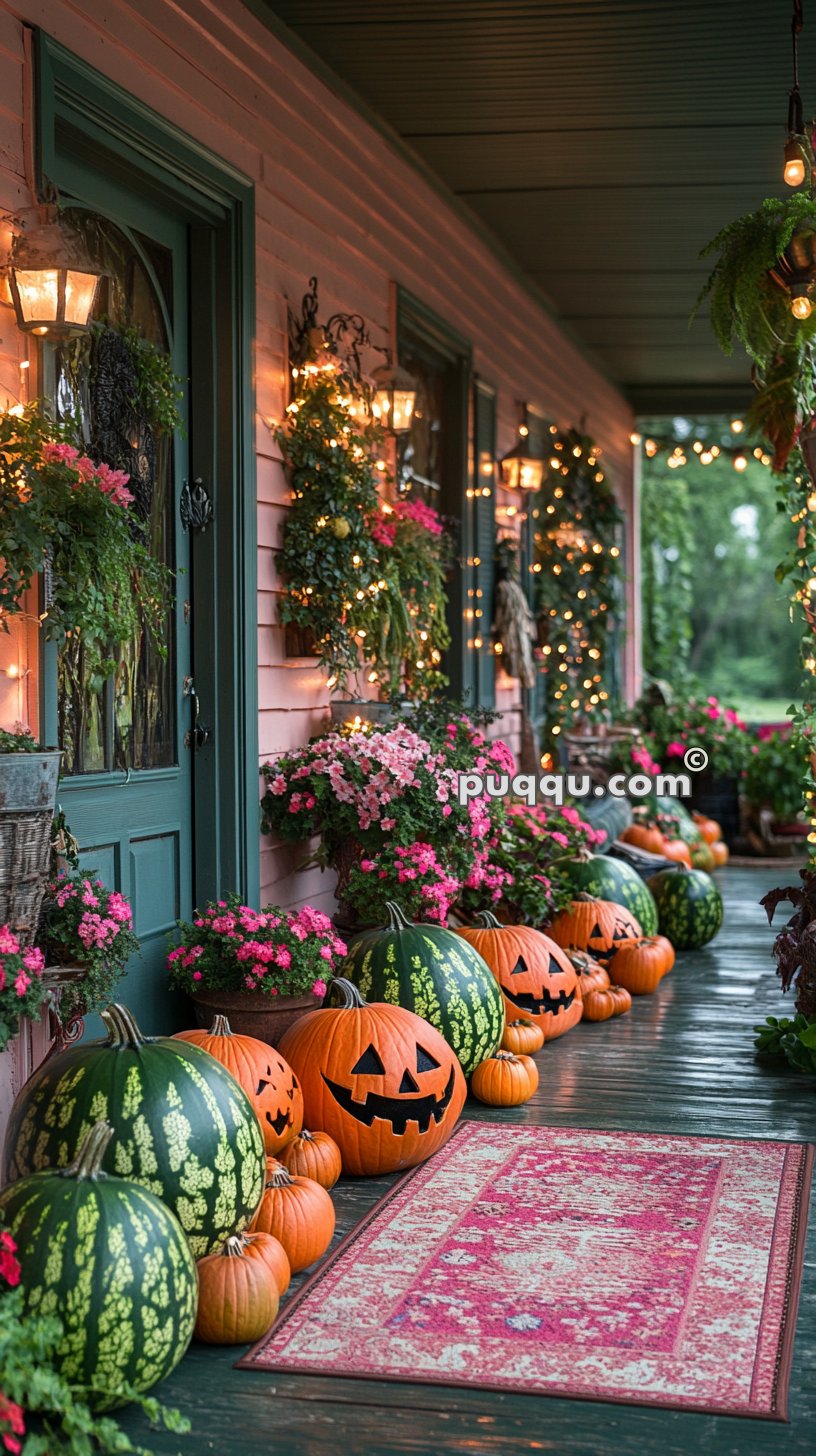 A porch decorated for Halloween with carved pumpkins, flowers, and hanging plants. String lights and lanterns illuminate the scene, casting a warm glow.