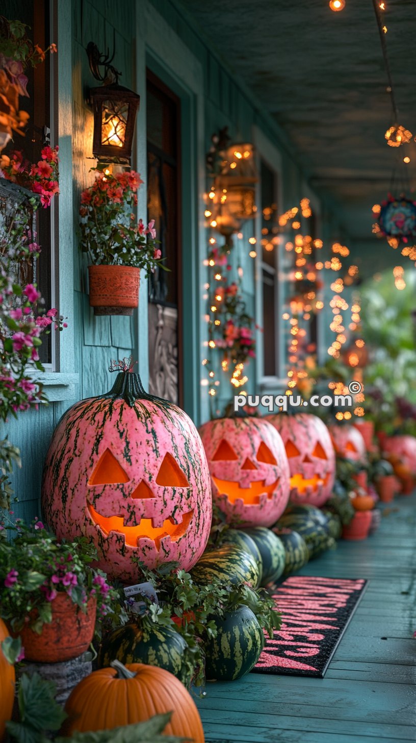 Halloween-themed porch decorated with glowing jack-o'-lanterns, string lights, and colorful potted plants.