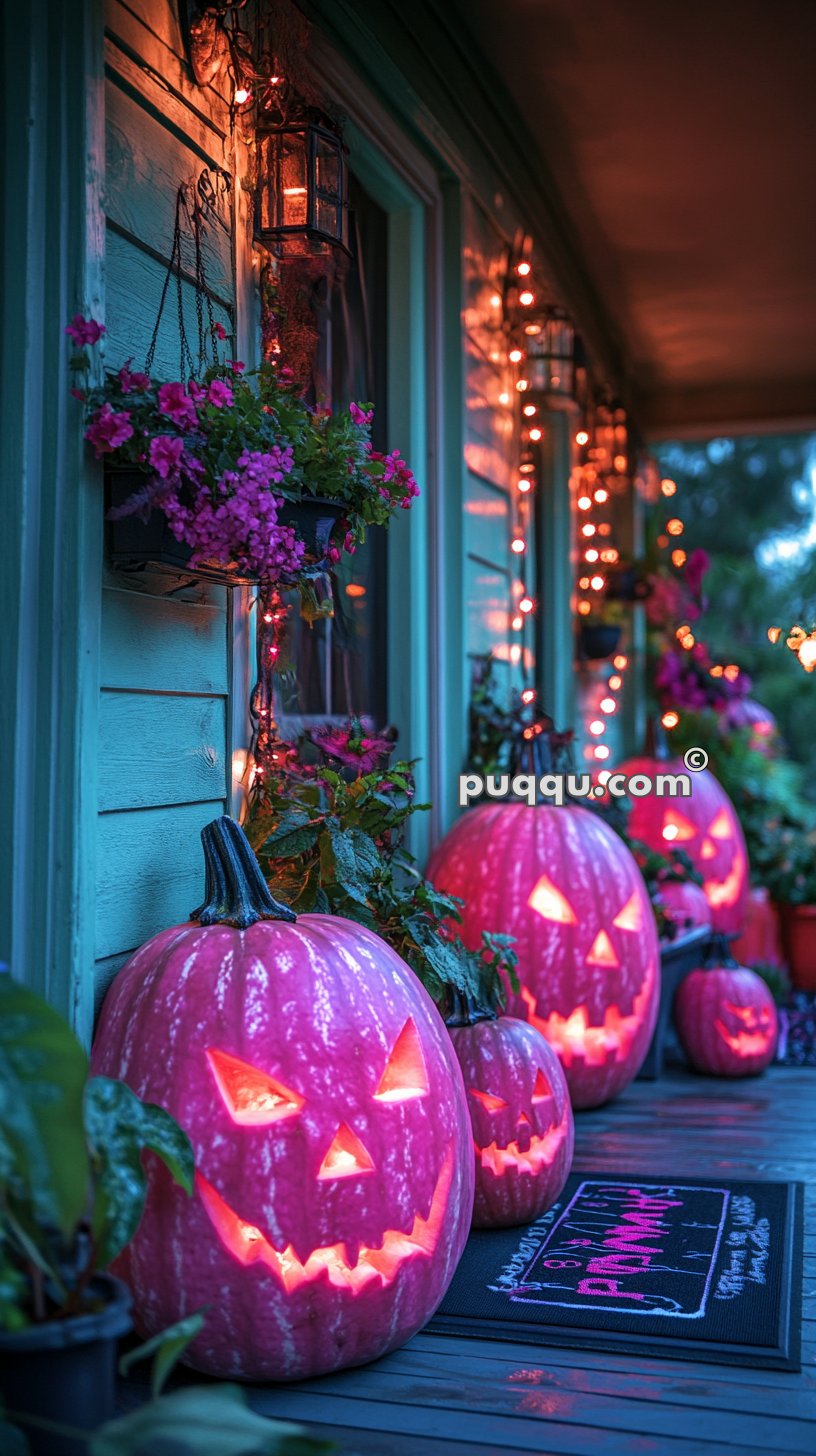 A porch decorated with glowing jack-o'-lanterns, potted plants, hanging flower baskets, and orange string lights for Halloween.