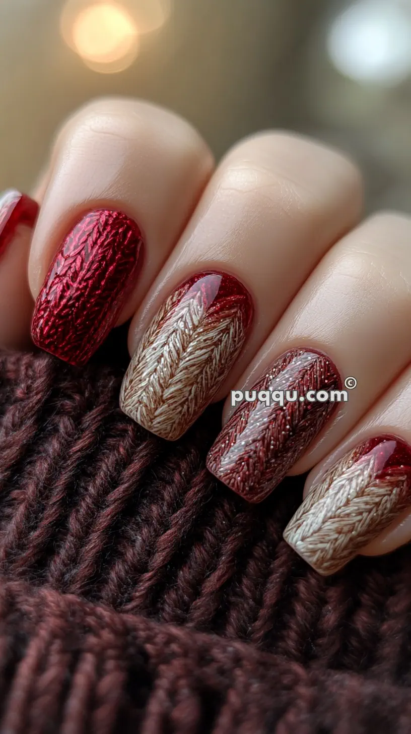 Close-up of fingernails with a red and beige knit-patterned design.