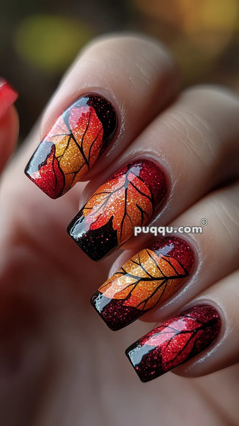 Close-up of fingernails with glittery autumn leaf nail art in shades of red, orange, and yellow.