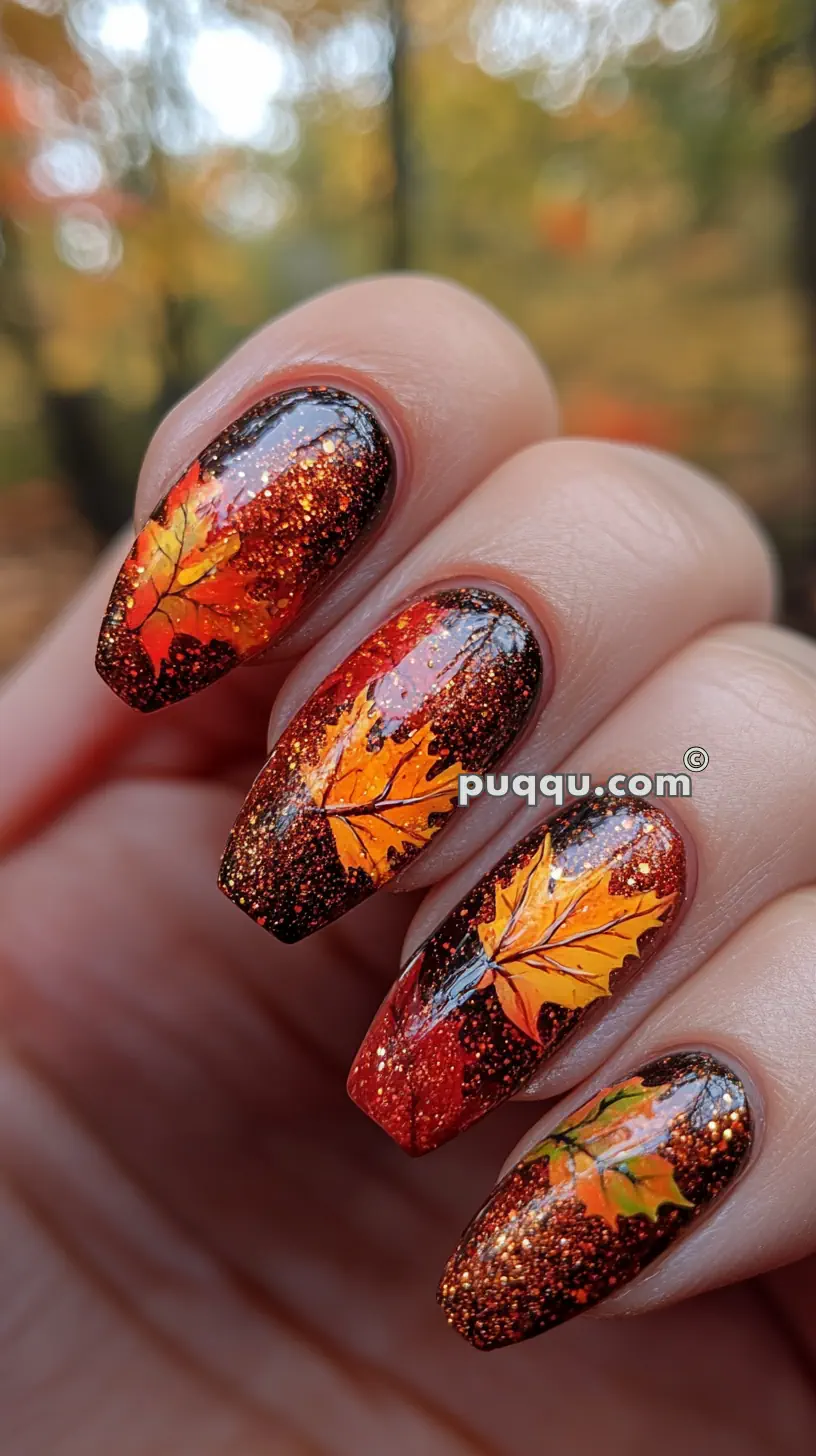 Nails with a glittery autumn theme featuring detailed maple leaf designs in orange, yellow, and green hues.