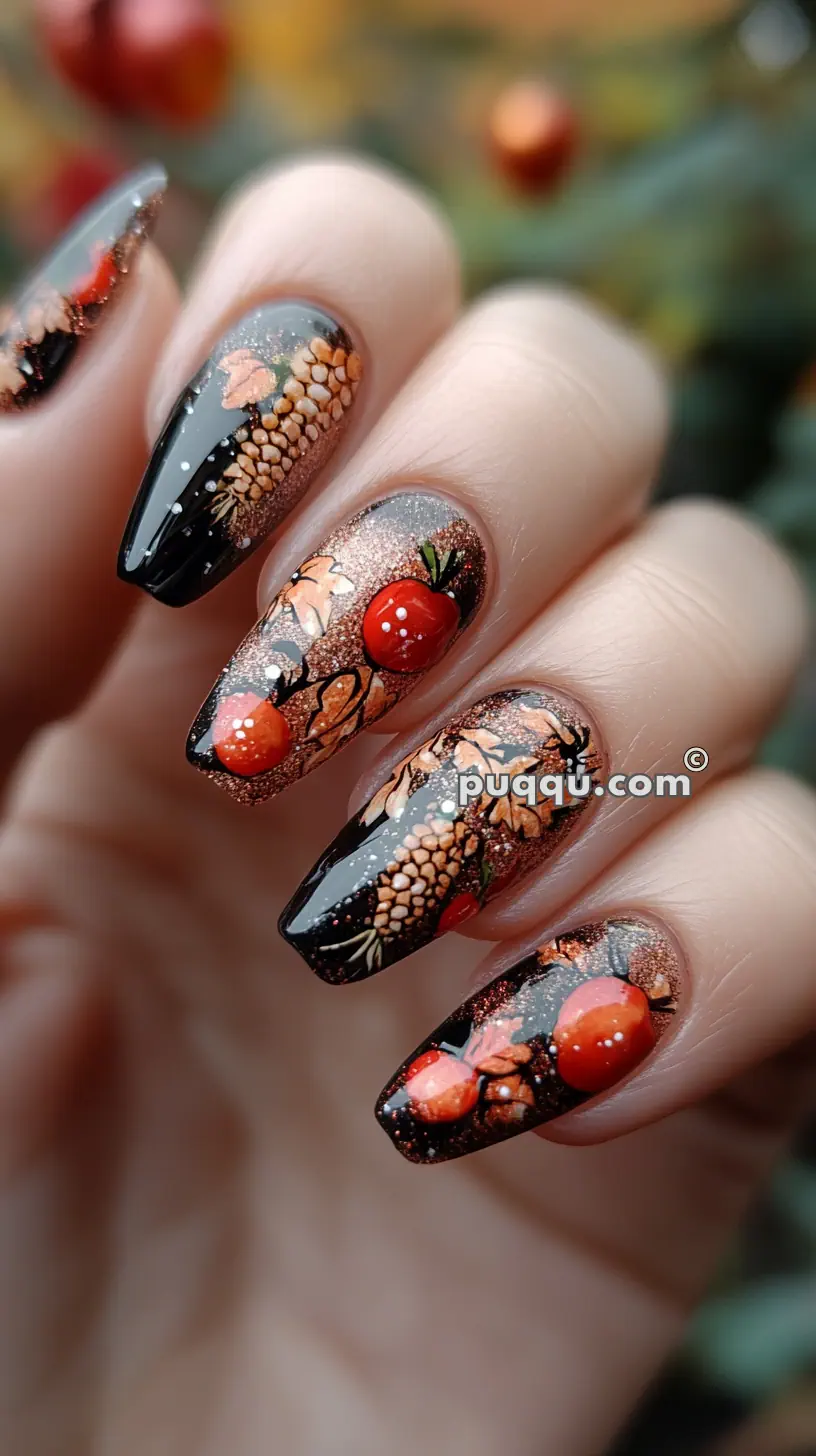 Close-up of a hand showing detailed autumn-themed nail art with pinecones, leaves, and red berries on a dark, glittery background.
