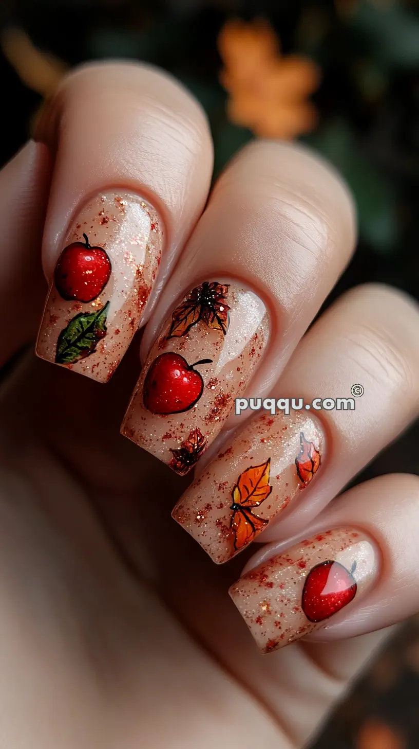 Close-up of a hand with fall-themed nail art featuring red apples and autumn leaves on a glittery beige background.