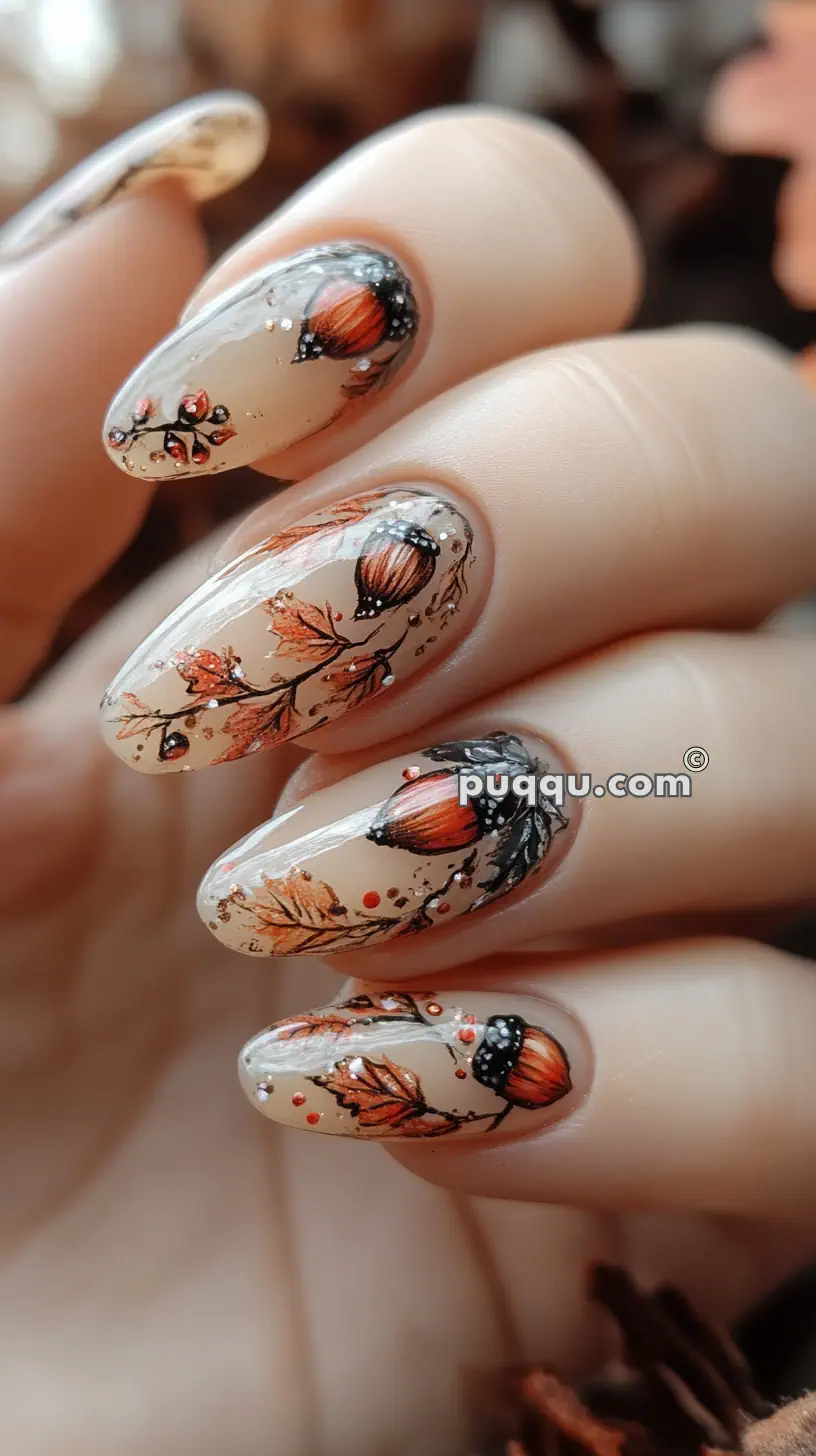 Beige-colored nails with detailed autumn-themed nail art, featuring acorns, leaves, and small accents in brown, black, and red.