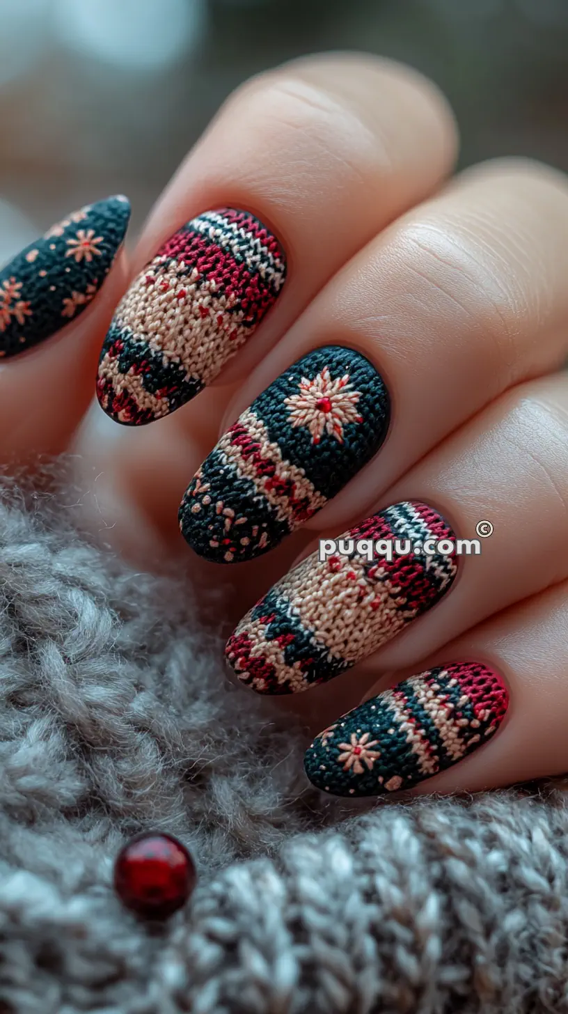 Close-up of fingers with knitted sweater-themed nail art in dark tones of red, green, and beige, resting on a grey textile surface.