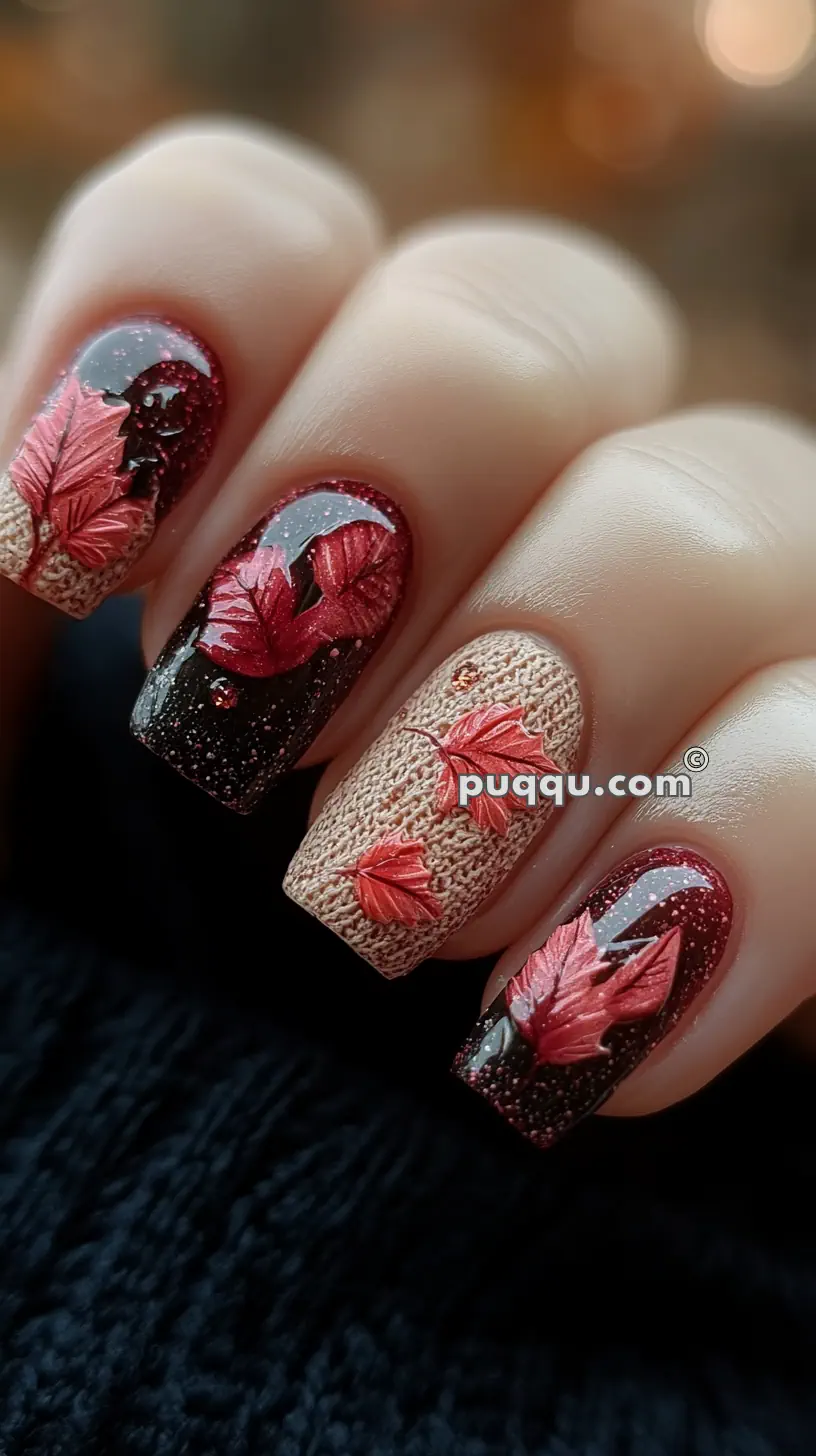 Close-up of a hand with autumn-themed nail art featuring red leaves on a combination of textured beige and glittery dark brown backgrounds.