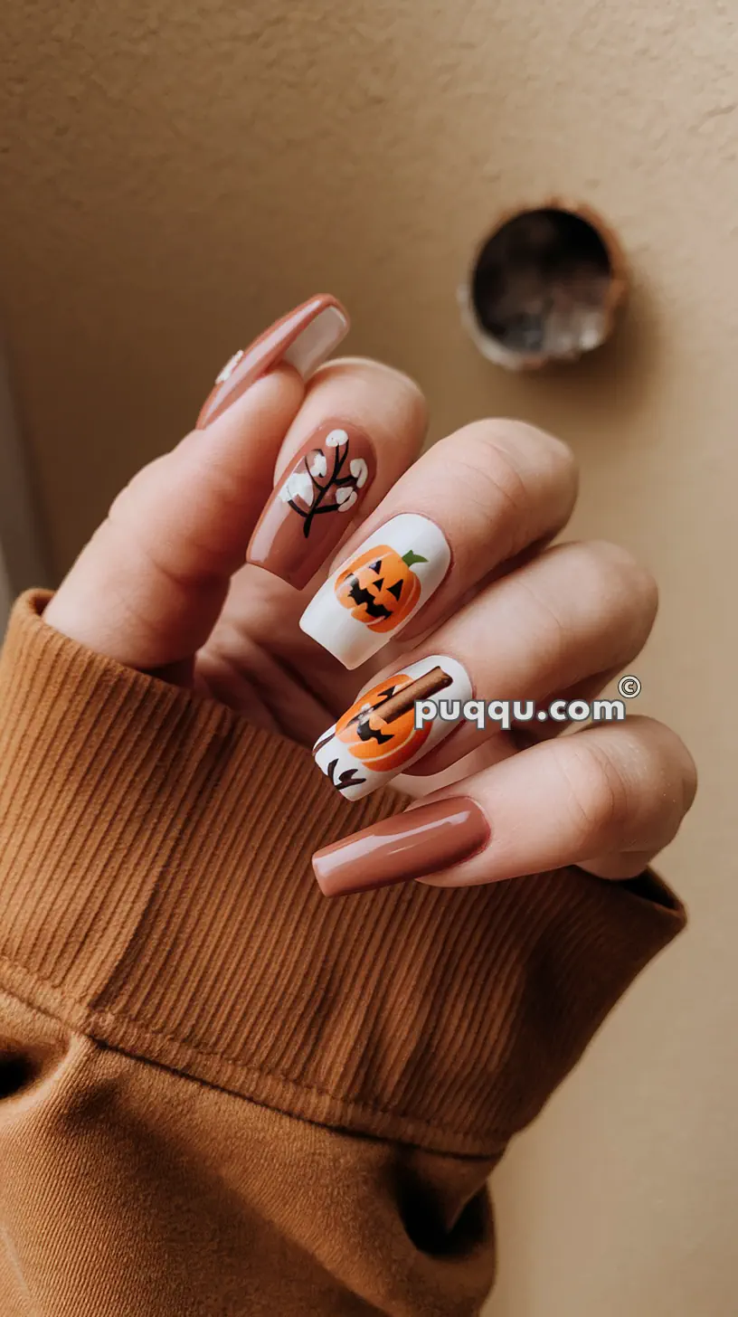 Hand with long, decorated nails featuring fall-themed designs, including pumpkins and branches.