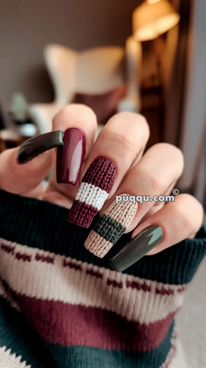 Close-up of a hand with long, painted nails featuring a mix of smooth, glossy polish and knitted sweater-like textures in maroon, cream, and green.