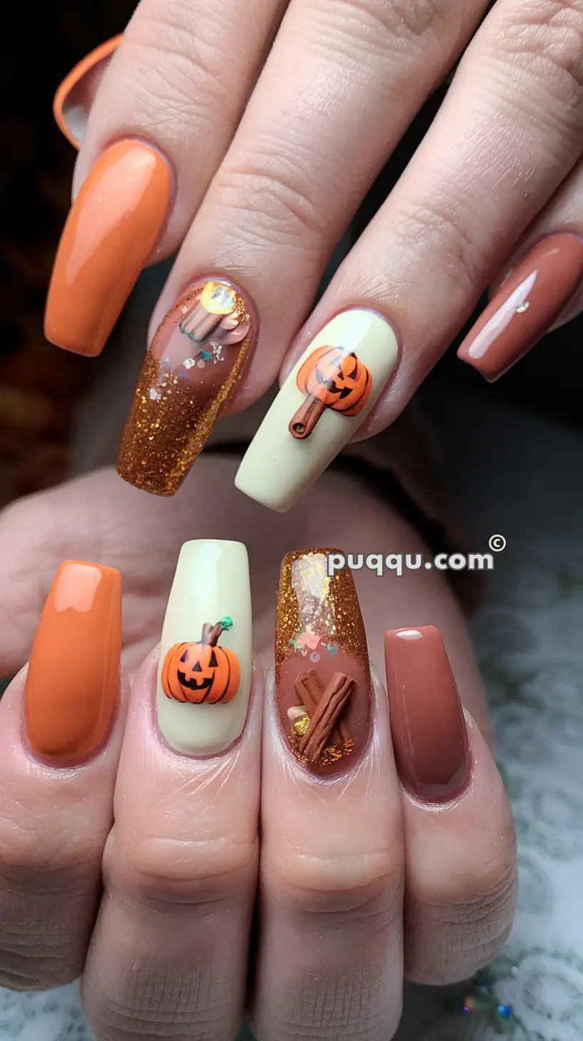 Halloween-themed nail art with orange, tan, and glittery polish, featuring pumpkin and cinnamon stick designs.