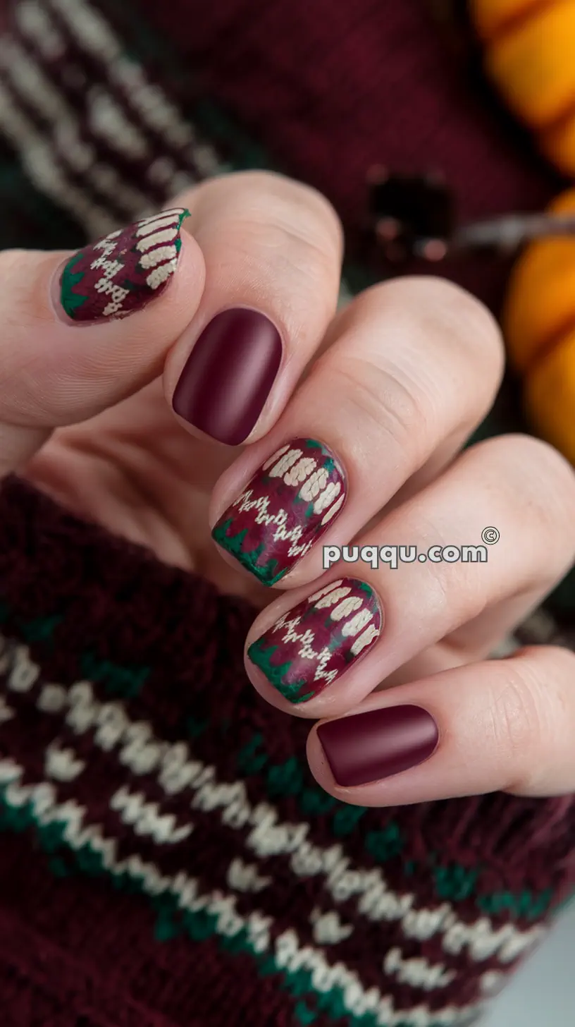 Close-up of a hand with intricately designed maroon, green, and beige nail art, alongside solid matte maroon nails, against a background with a matching patterned knit sweater.