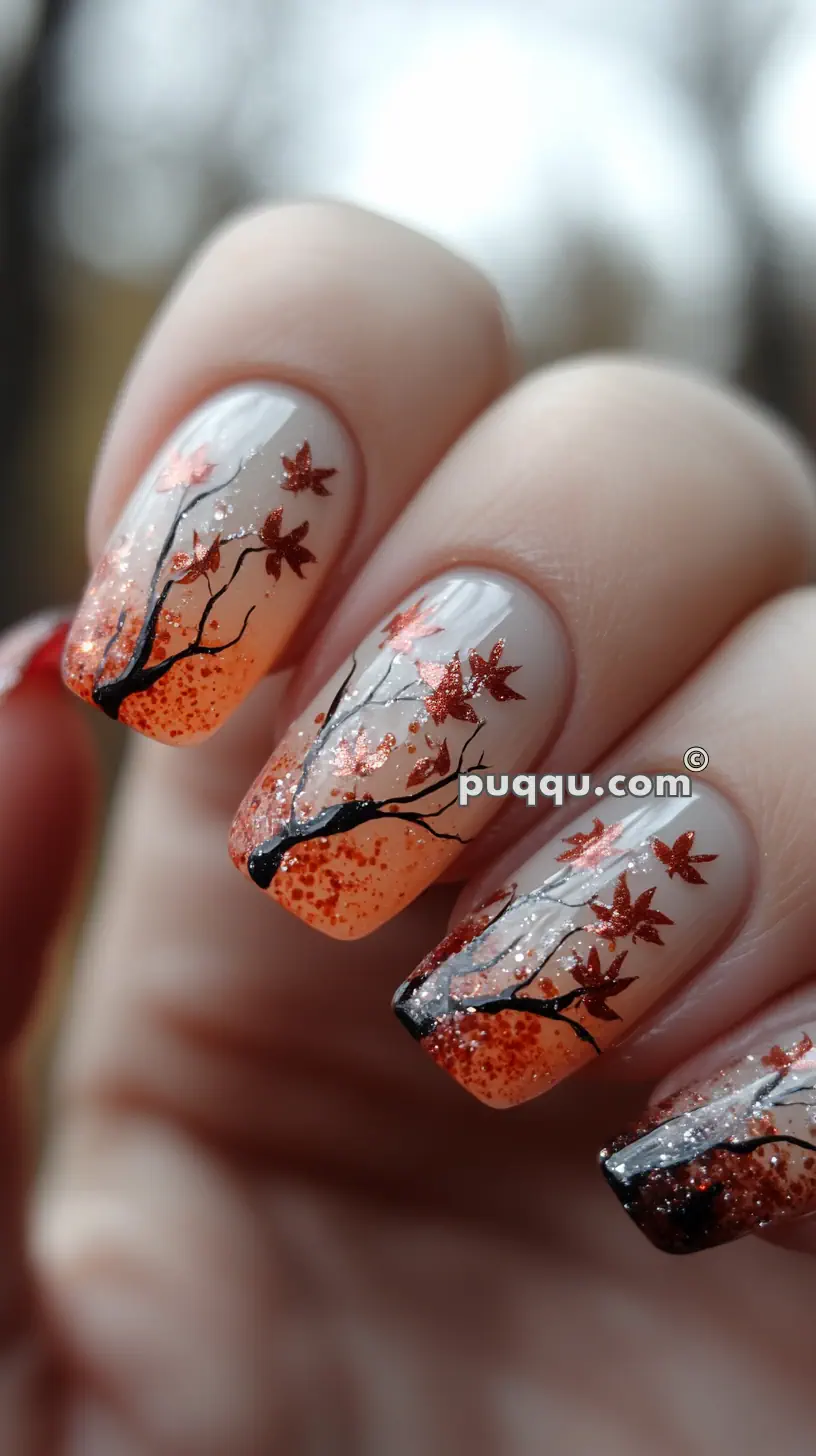 Close-up of a hand with nails painted in an autumn-themed design, featuring orange and glitter gradients with black tree branches and red leaves.