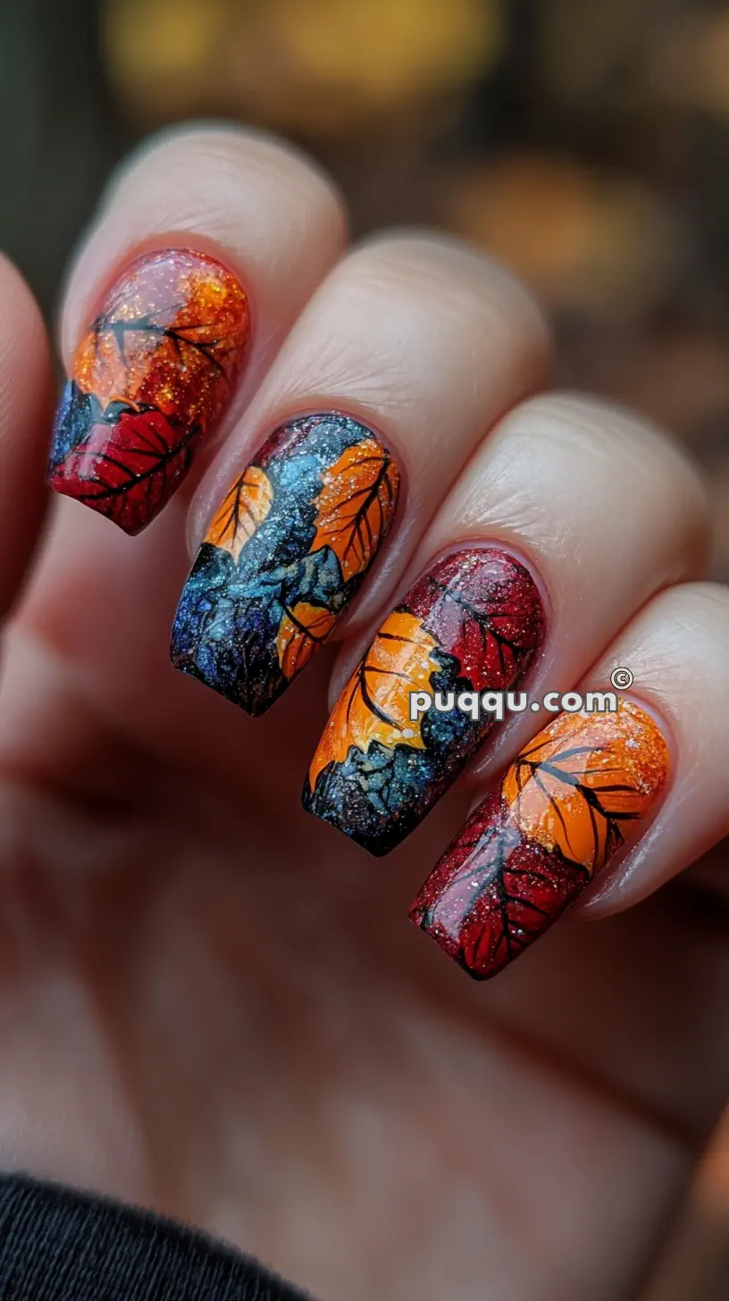 Close-up of a hand with nails painted in an autumn leaf design with vibrant orange, red, and yellow colors.