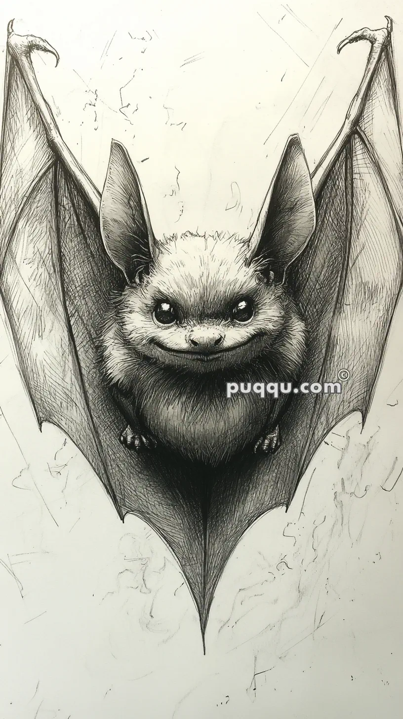 A detailed black-and-white drawing of a cute bat with large ears and outstretched wings.