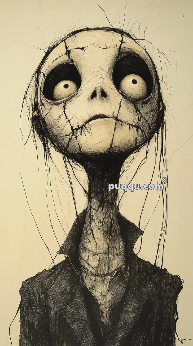 A cracked, skeletal figure with large eyes and a long neck, wearing a dark jacket, with the text "tan-lobster-970566.hostingersite.com" on the image.