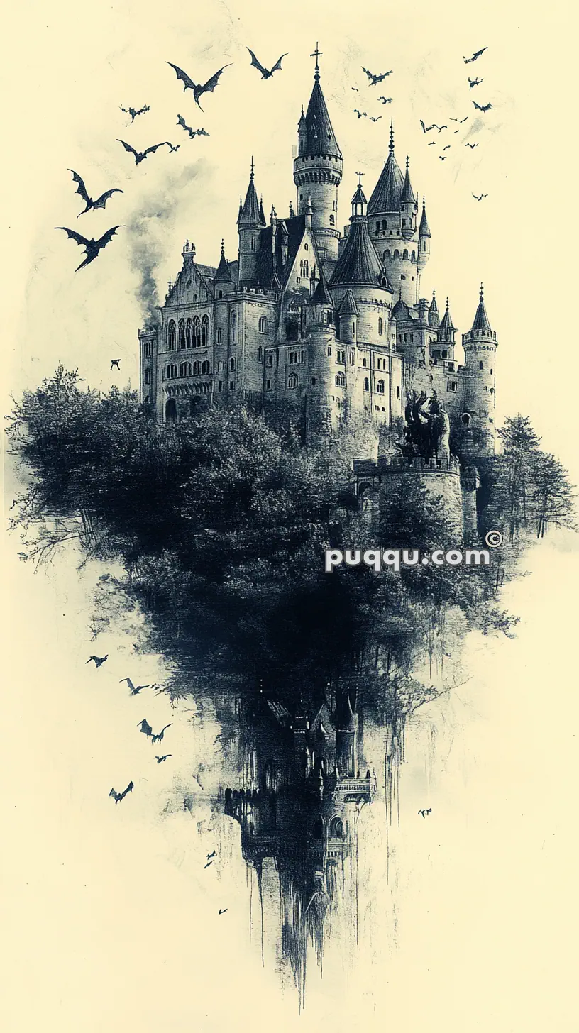 Gothic castle on a cliff surrounded by bats with its reflection beneath.