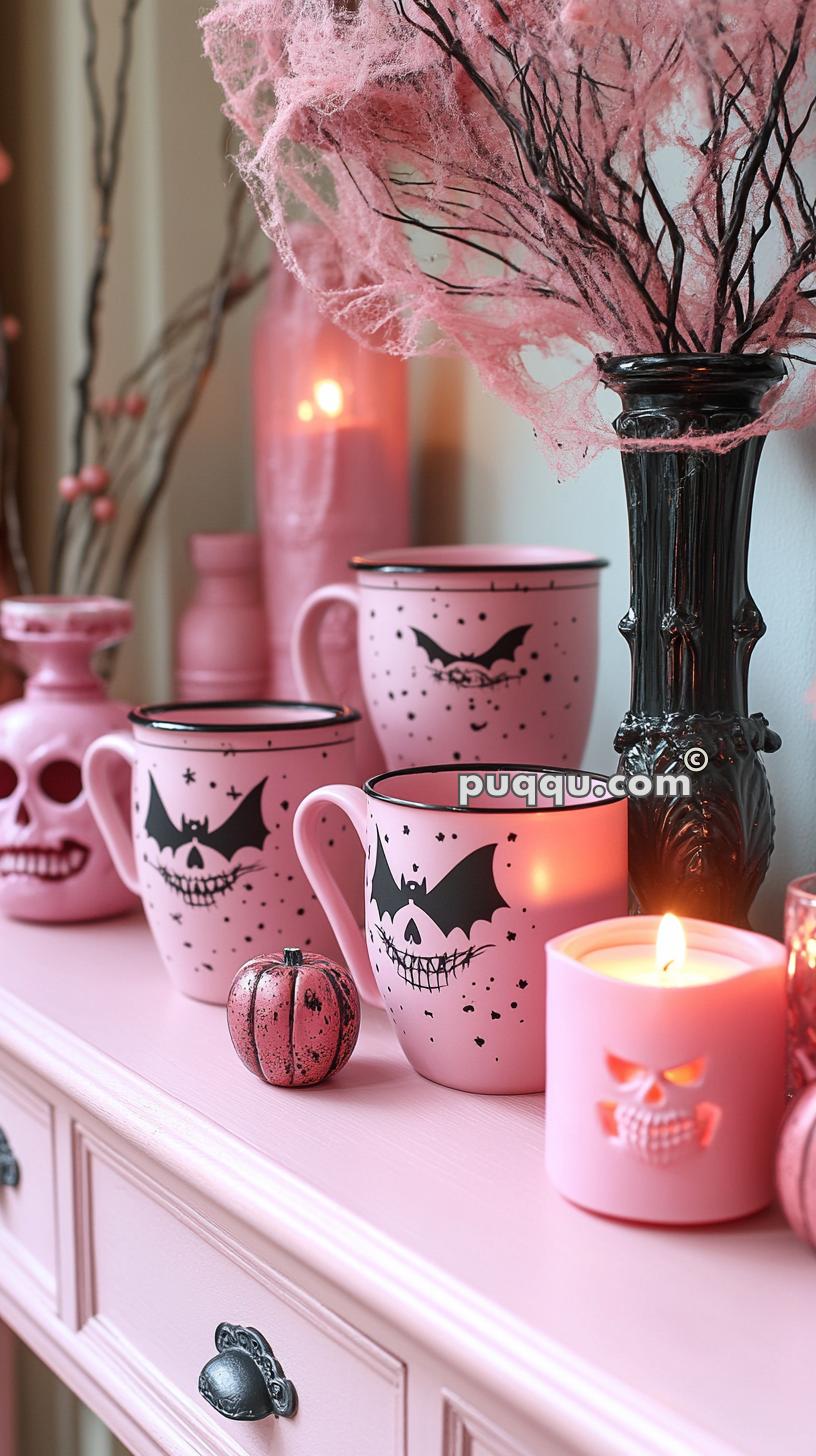 Halloween-themed pink decor with black bats on mugs, skull candle holders, and mini pumpkins on a pink shelf with a black vase.