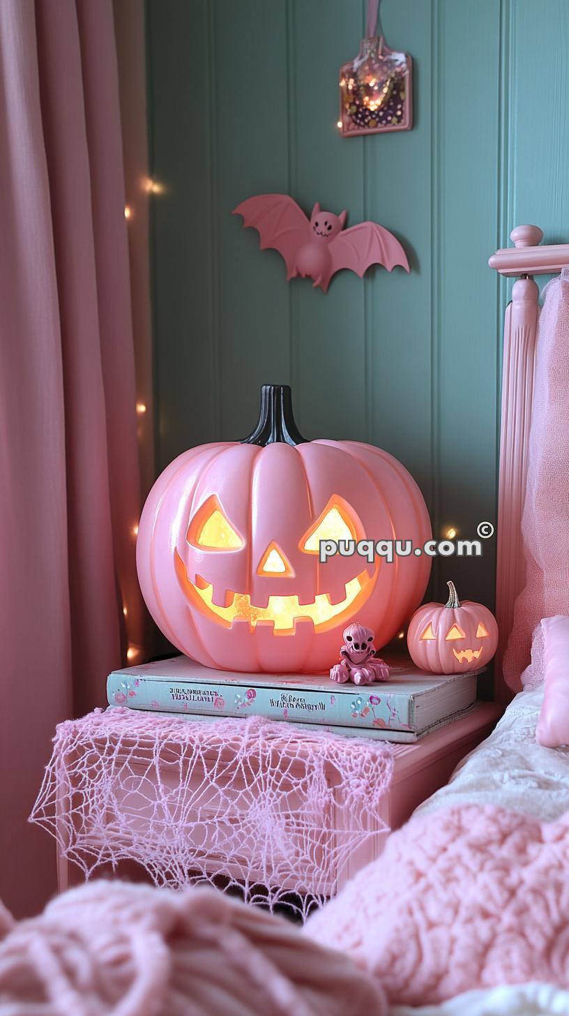 Pink Halloween-themed decor with a large and a small illuminated pink jack-o'-lantern, pink bat wall decor, pink spider web tablecloth, and a doll on a green background.