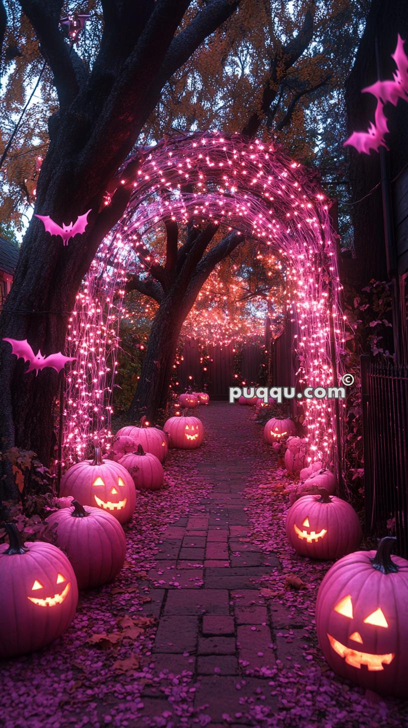 Pathway decorated with pink-lit jack-o'-lanterns, pink twinkling string lights, and hanging pink bats under arching trees with purple leaves on the ground.