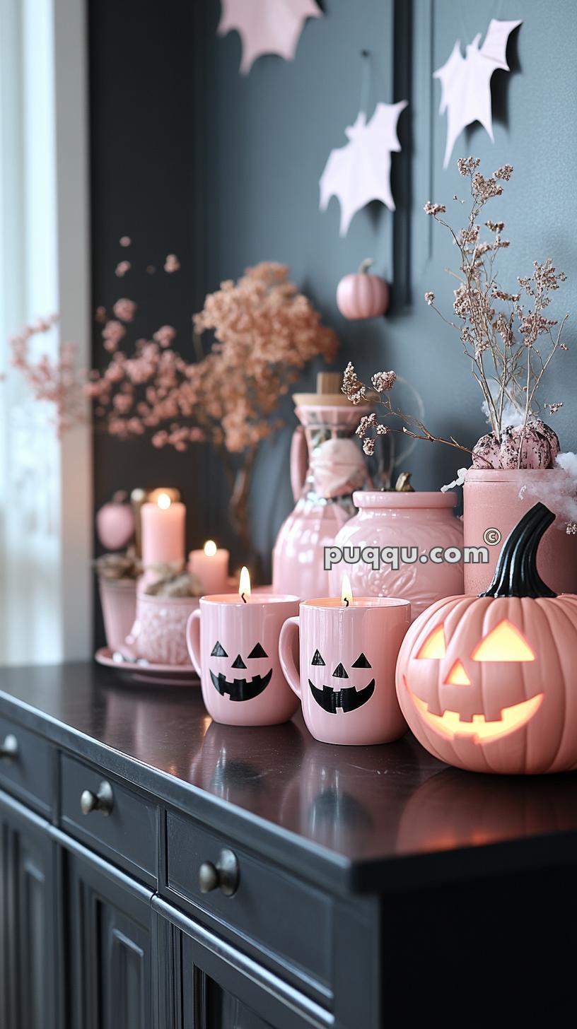 Halloween-themed decor with pastel pink pumpkins, candles, and dried flowers on a dark wooden cabinet.